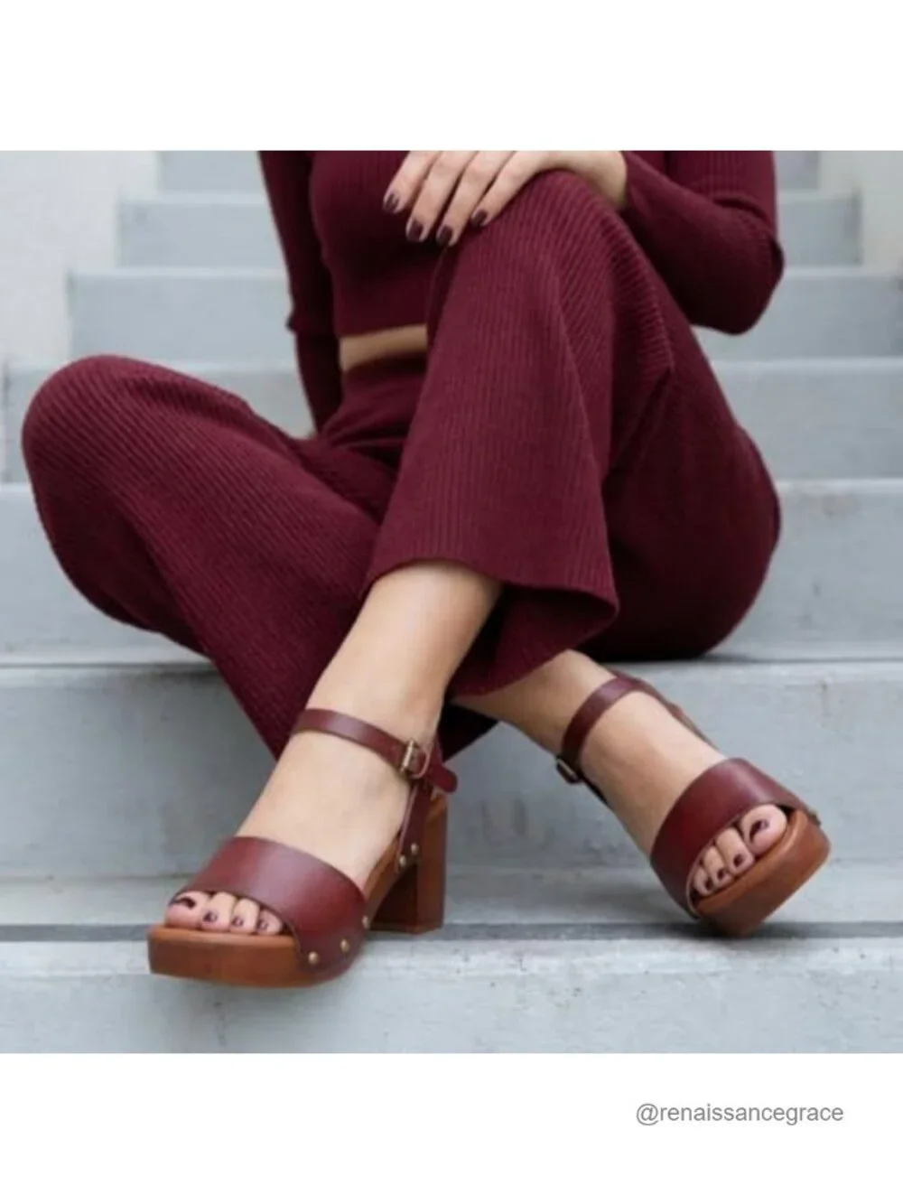 Cushionaire Sloan Faux Wood Wedge Sandal Memory Foam LiteSole Ankle Strap